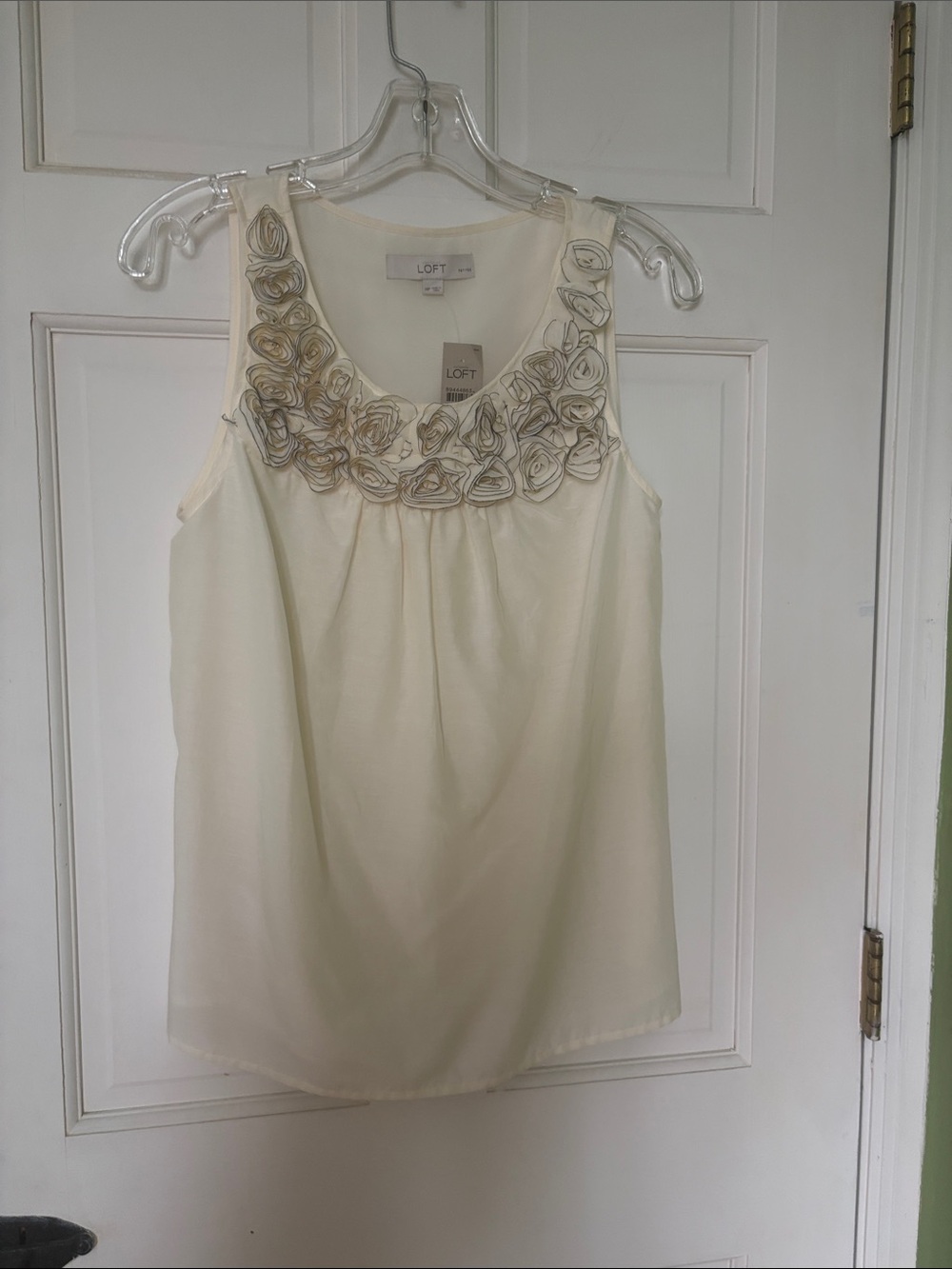 LOFT Soft White Sleeveless Blouse with Rosette Neckline